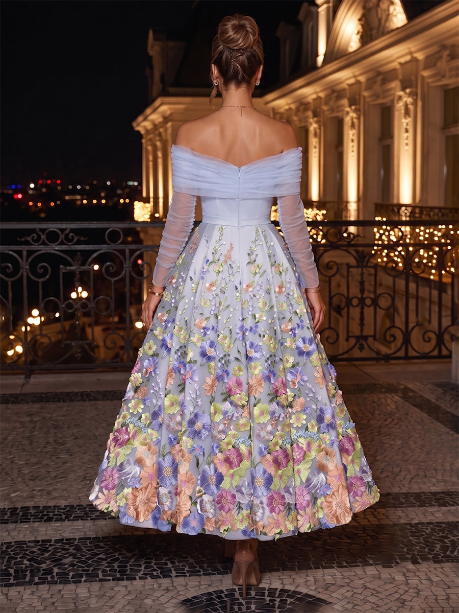 Embroidery A Line Off the Shoulder Pleats Ruched Evening Dresses