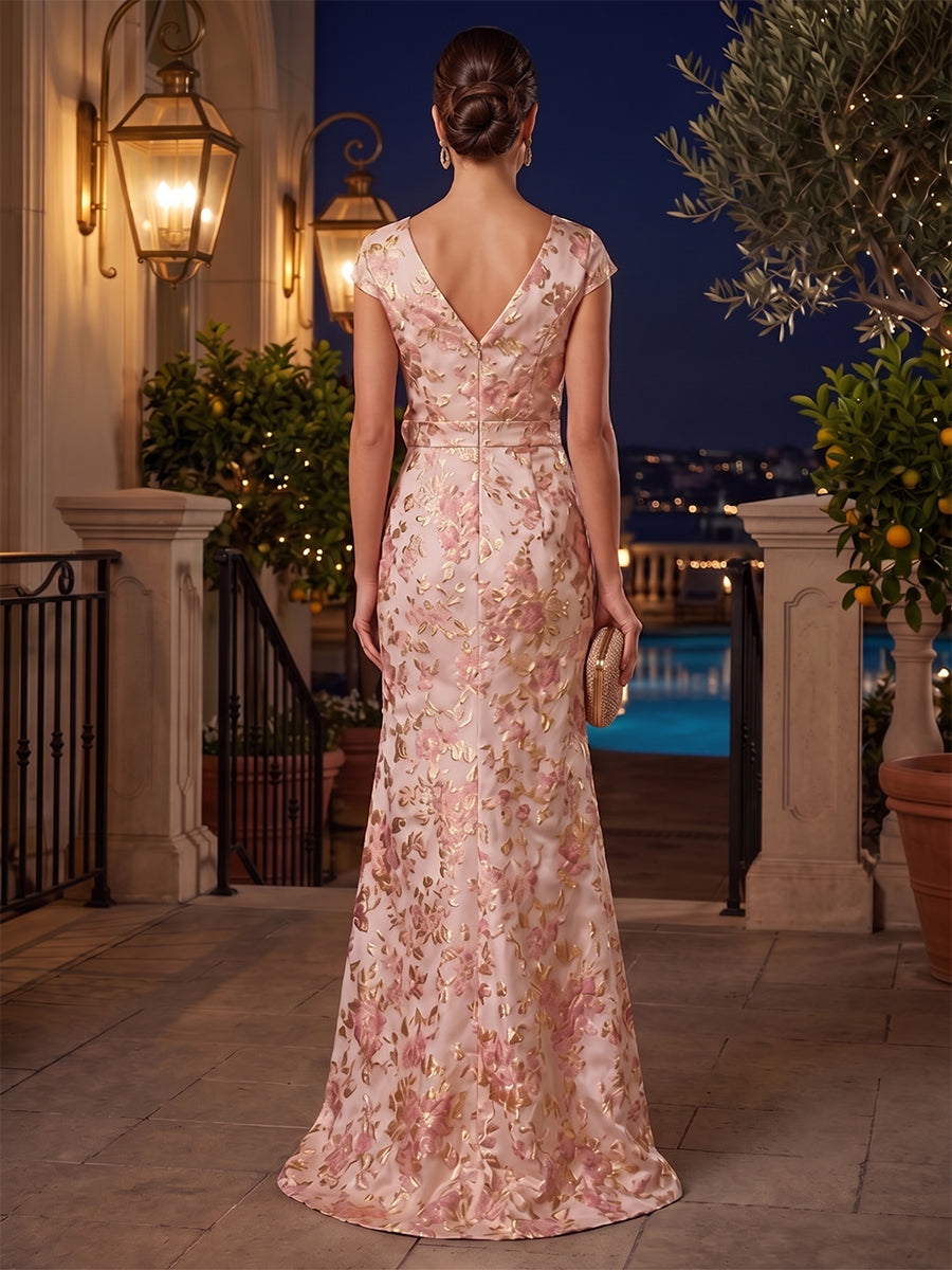 Jacquard Sheath V Neck 3D Flowers Side Slit Evening Dresses