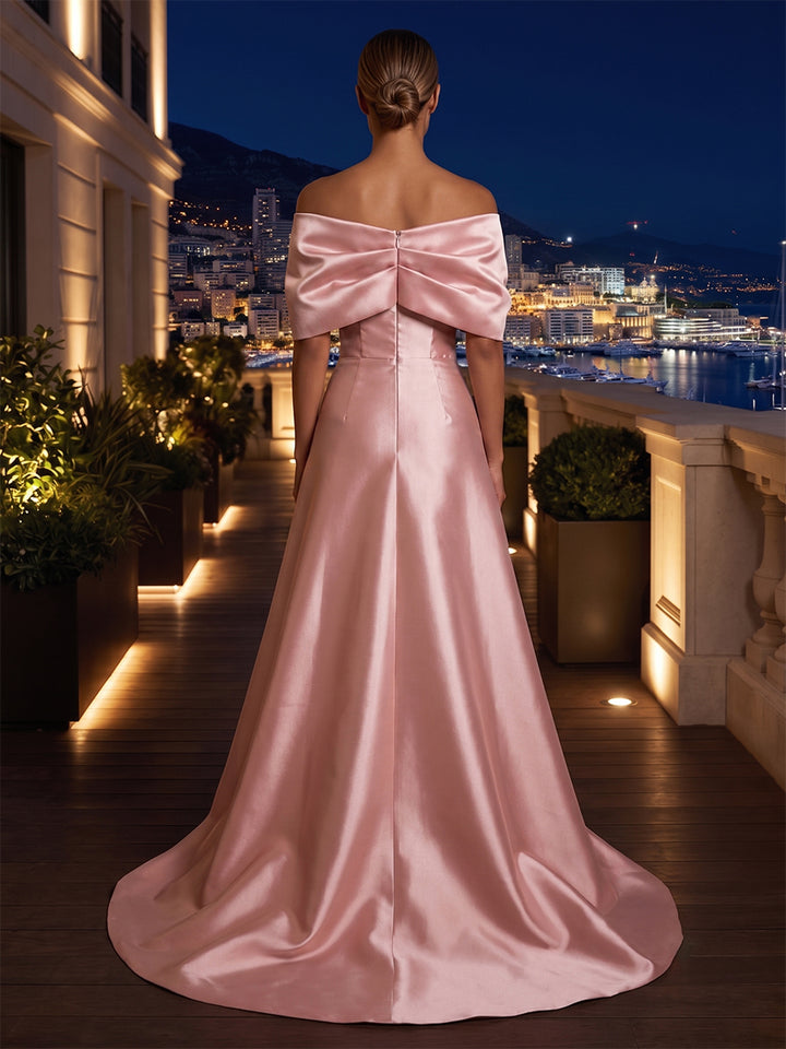 Satin A Line Off the Shoulder Bow Ruched Evening Dresses