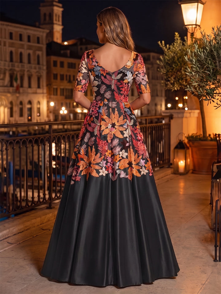 Sequin Floral A Line V Neck Pleats Ruched Evening Dresses