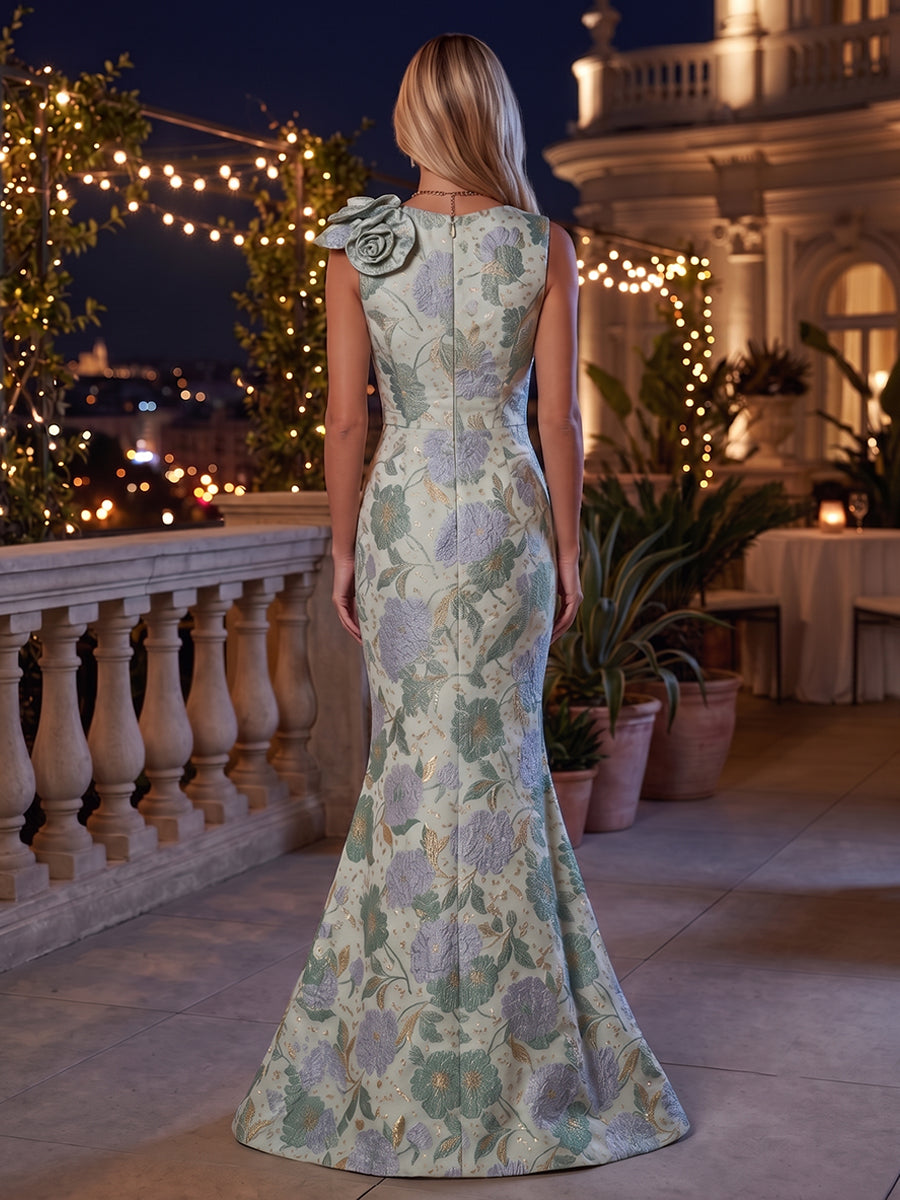 Jacquard Mermaid V Neck 3D Flowers Ruched Mother of the Bride Dresses