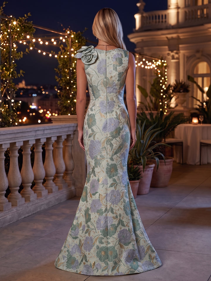 Jacquard Mermaid V Neck 3D Flowers Ruched Mother of the Bride Dresses