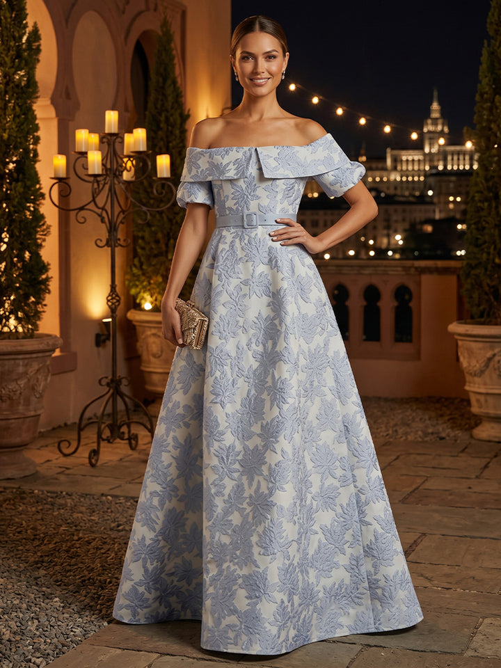 Jacquard A Line Off the Shoulder Belt Ruched Evening Dresses