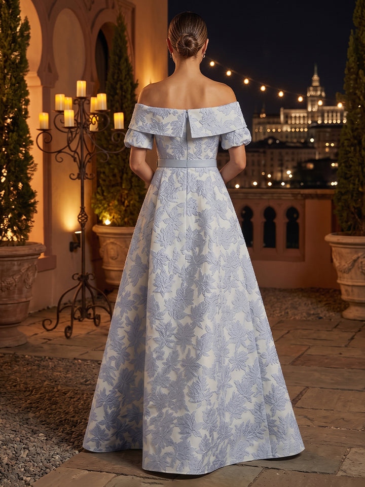 Jacquard A Line Off the Shoulder Belt Ruched Evening Dresses
