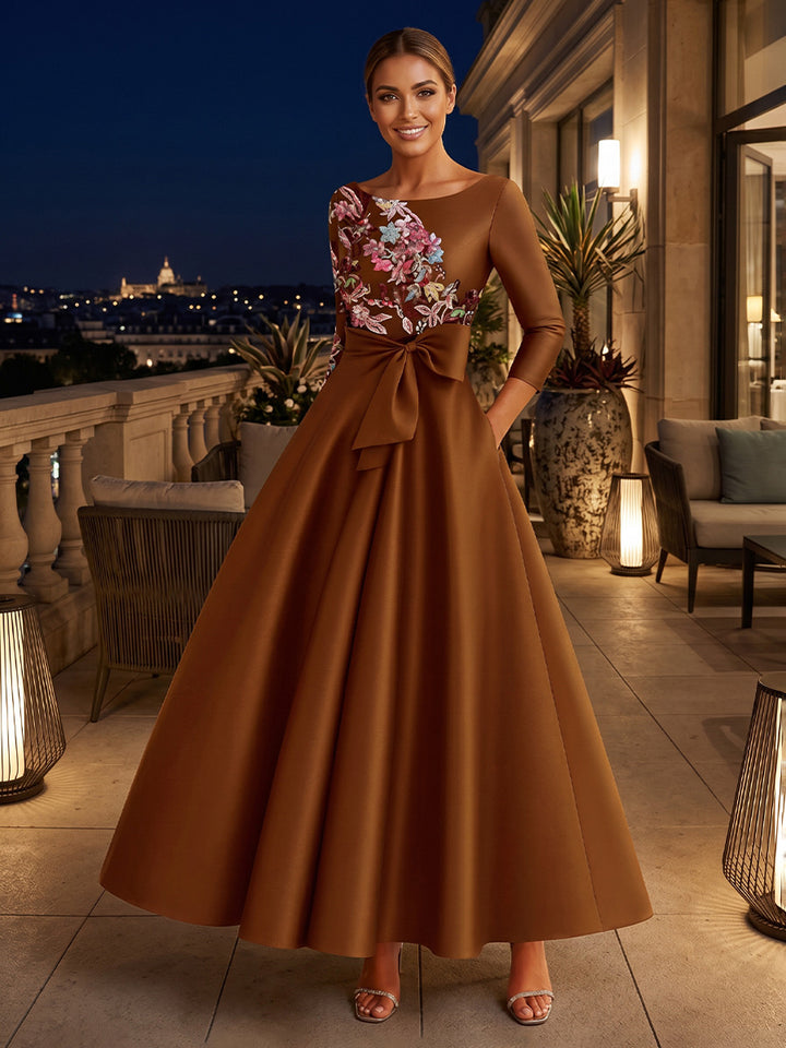Satin A Line Scoop Neck Sequin Floral Ruched Evening Dresses