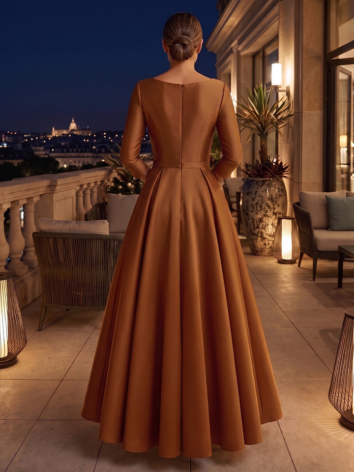 Satin A Line Scoop Neck Sequin Floral Ruched Evening Dresses