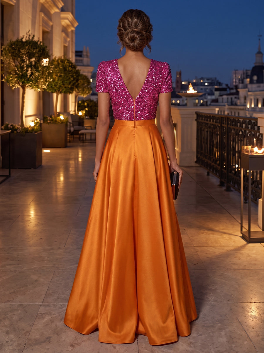 Satin A Line V Neck Sequin Ruched Evening Dresses