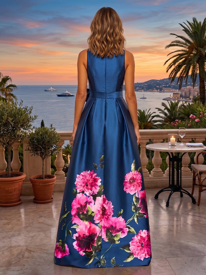 Floral Print A Line Scoop Neck Front Slit Ruched Mother of the Bride Dresses
