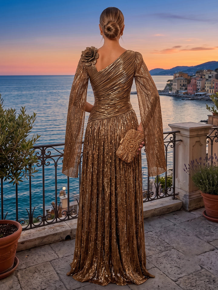 Metallic Satin A Line One Shoulder 3D Flowers Pleats Evening Dresses