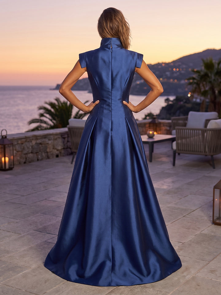 Satin A Line V Neck Front Slit Ruched Evening Dresses