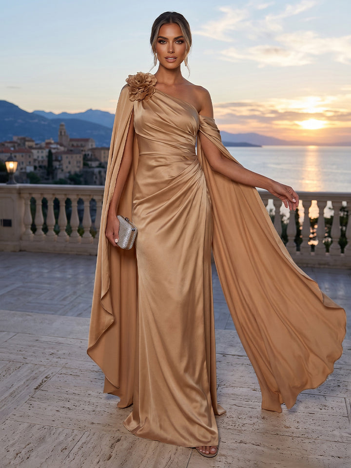 Satin Mermaid One Shoulder Sash Ruched Evening Dresses