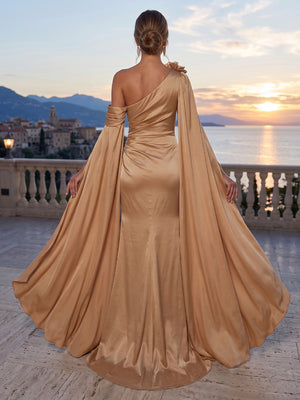 Satin Mermaid One Shoulder Sash Ruched Evening Dresses
