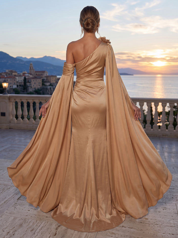 Satin Mermaid One Shoulder Sash Ruched Evening Dresses