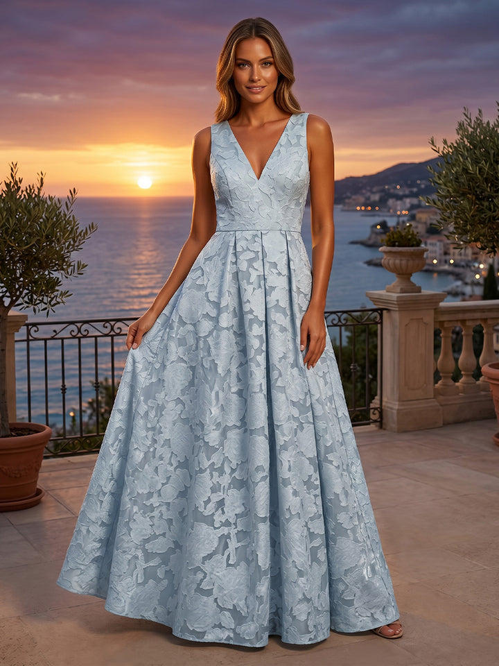 Jacquard A Line V Neck Pleats Ruched Evening Dresses