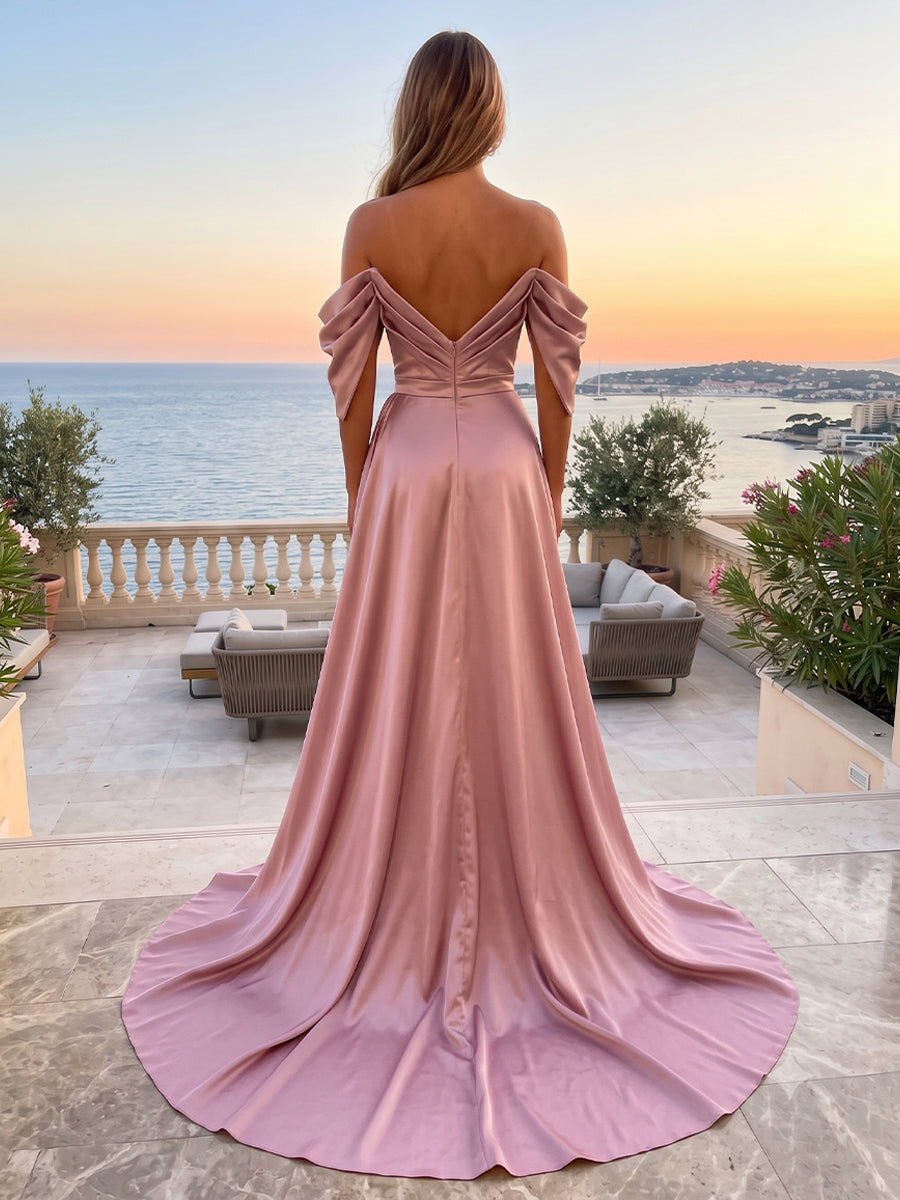 Satin Mermaid Off the Shoulder Side Slit Ruched Evening Dresses