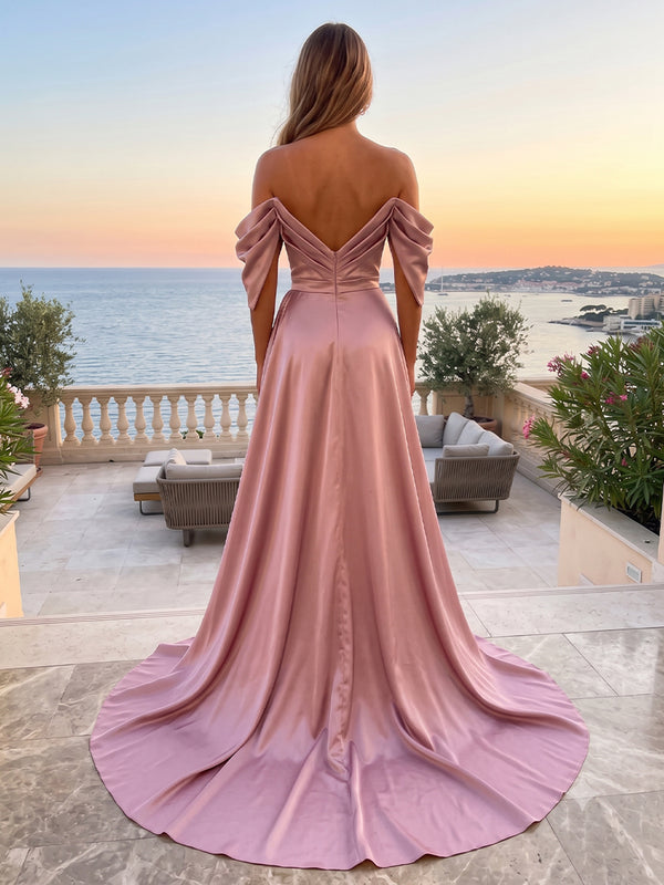 Satin Mermaid Off the Shoulder Side Slit Ruched Evening Dresses