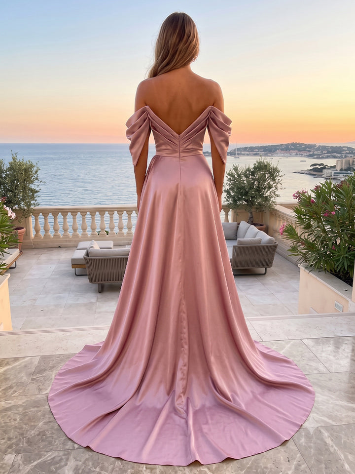 Satin Mermaid Off the Shoulder Side Slit Ruched Evening Dresses
