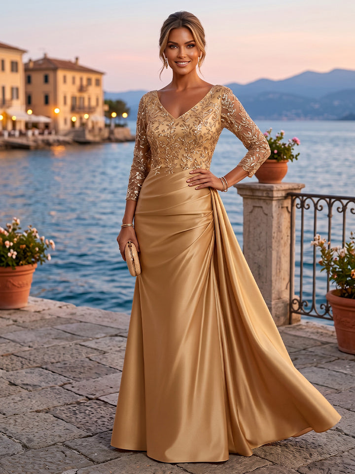 Satin Sheath V Neck Sequin Floral Pleats Evening Dresses