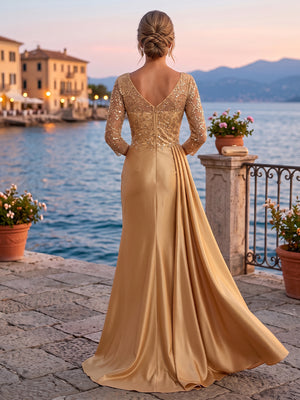 Satin Sheath V Neck Sequin Floral Pleats Evening Dresses