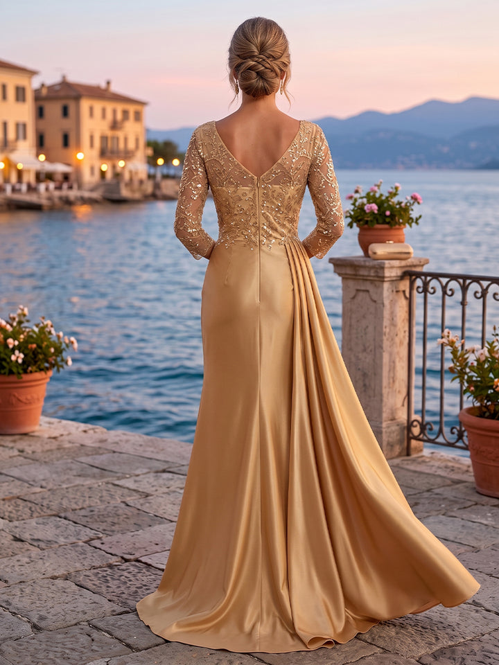 Satin Sheath V Neck Sequin Floral Pleats Evening Dresses