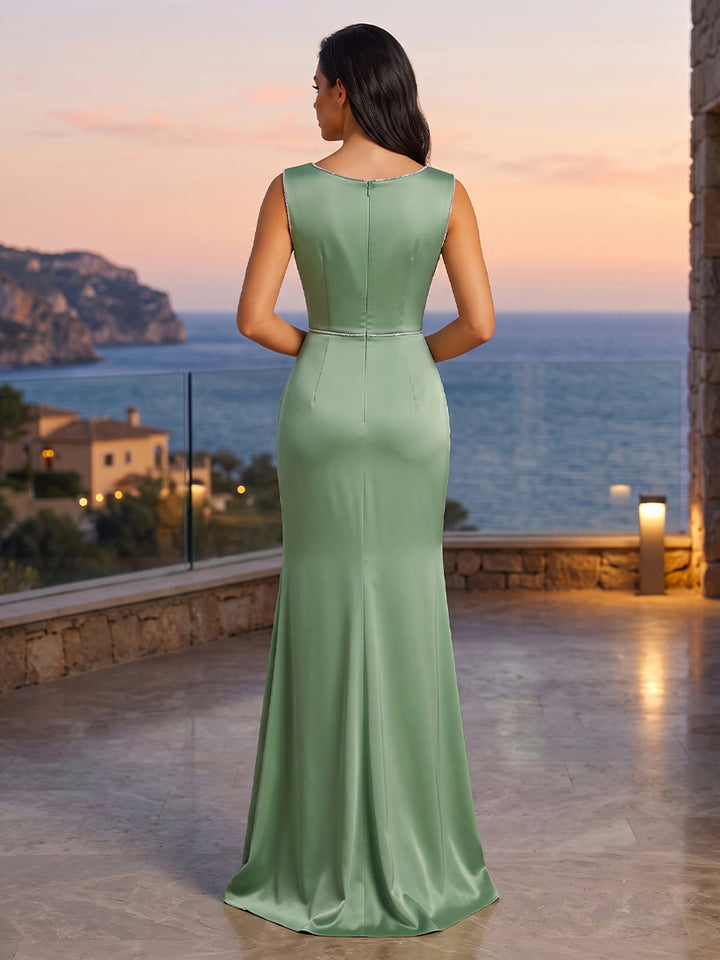 Satin Mermaid Scoop Neck Sequin Floral Ruched Evening Dresses