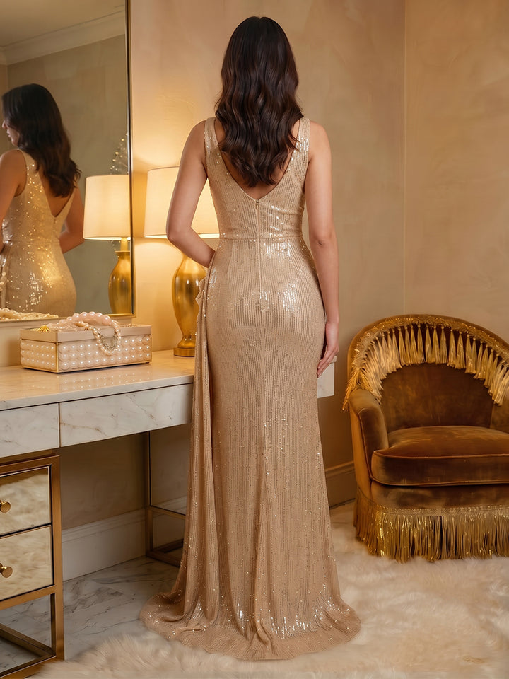 Sequin Mermaid V Neck 3D Flowers Sash Evening Dresses