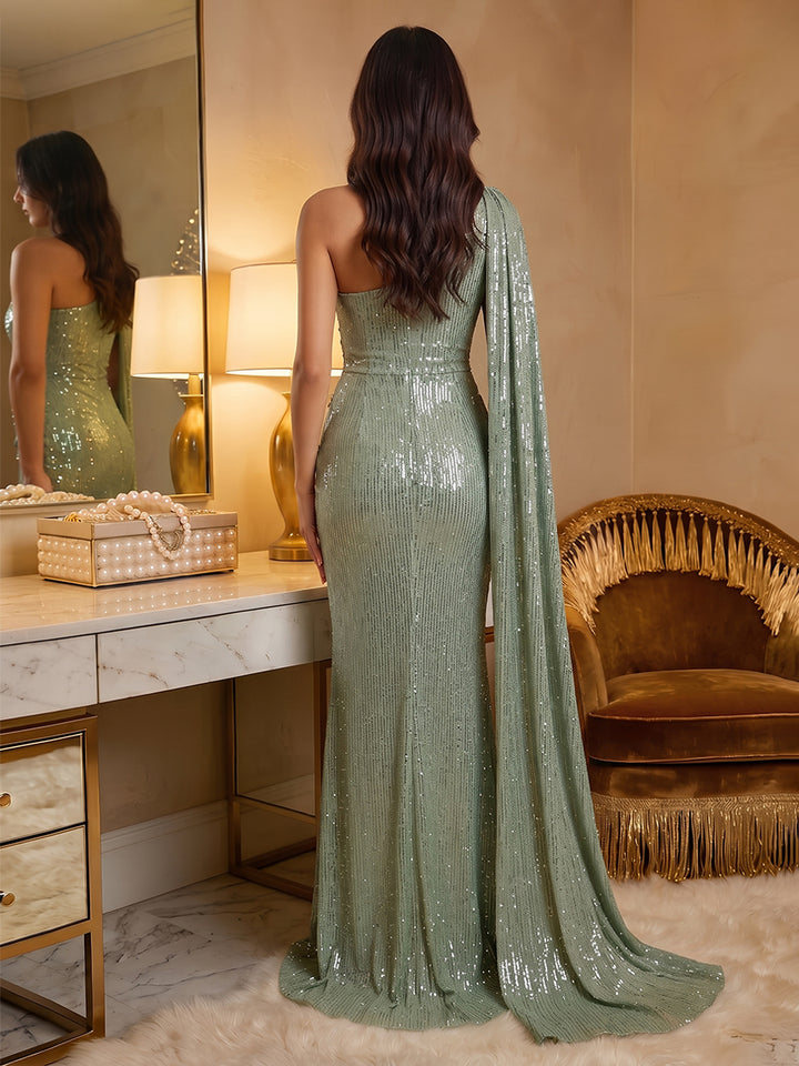 Sequin Mermaid One Shoulder 3D Flowers Sash Evening Dresses