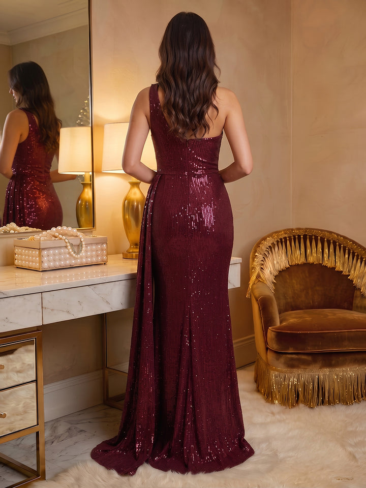 Sequin Mermaid One Shoulder 3D Flowers Sash Evening Dresses