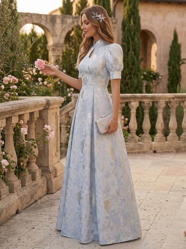 Jacquard A Line High Neck Ruched elegent Evening Dresses for Women