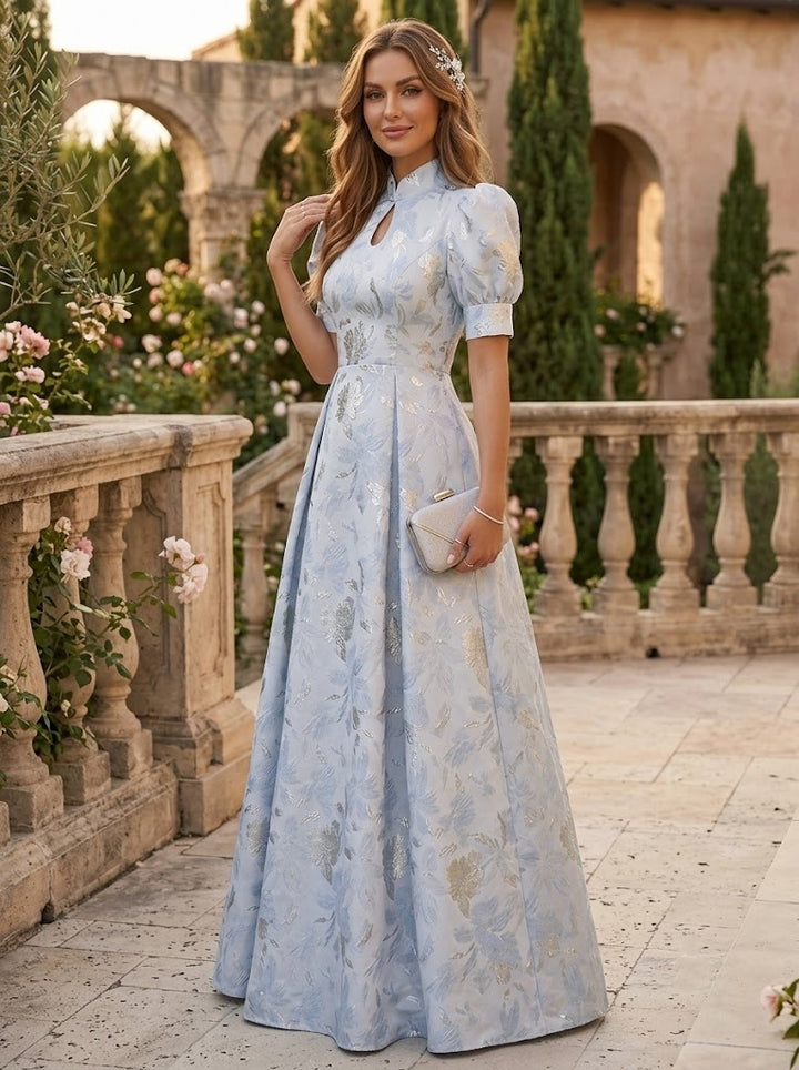 Jacquard A Line High Neck Ruched elegent Evening Dresses for Women
