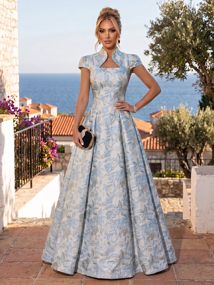 Jacquard A Line High Neck Ruched elegent Evening Dresses for Women