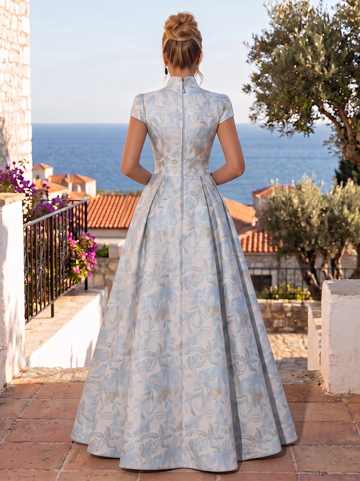 Jacquard A Line High Neck Ruched elegent Evening Dresses for Women
