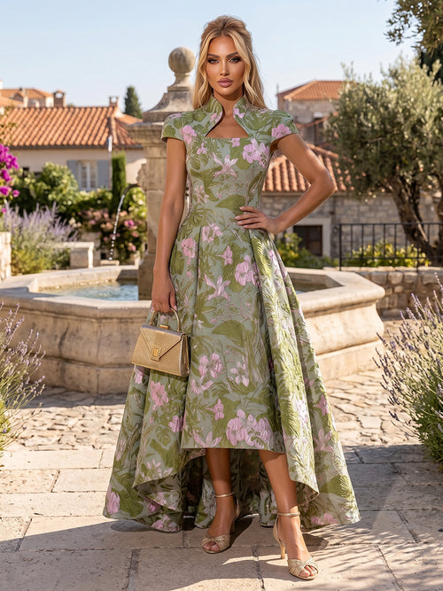 Jacquard High Low High Neck Ruched elegent Evening Dresses for Women