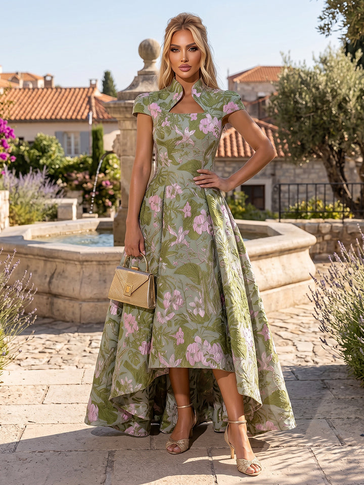 Jacquard High Low High Neck Ruched elegent Evening Dresses for Women