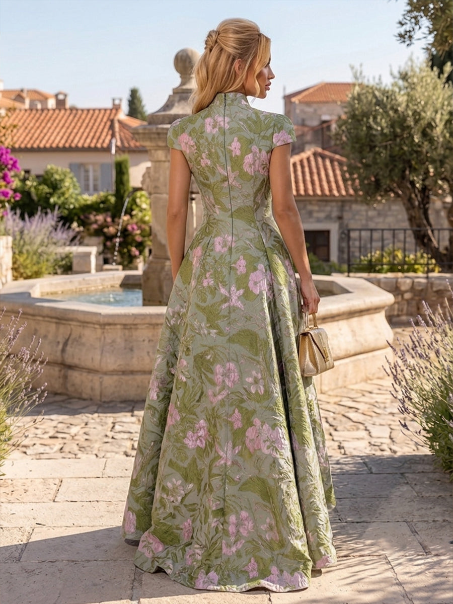 Jacquard High Low High Neck Ruched elegent Evening Dresses for Women