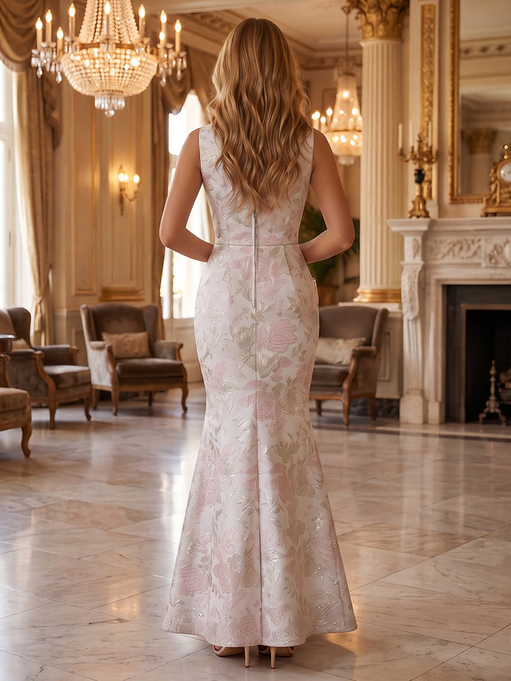 Jacquard Sheath High Neck Ruched elegent Evening Dresses for Women