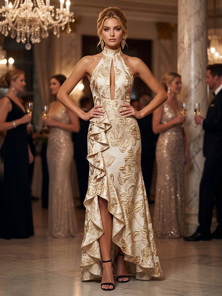 Jacquard Sheath Halter Ruffles Ruched Evening Dresses