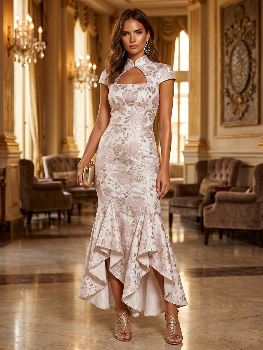 Jacquard High Low High Neck Ruffles Ruched Evening Dresses
