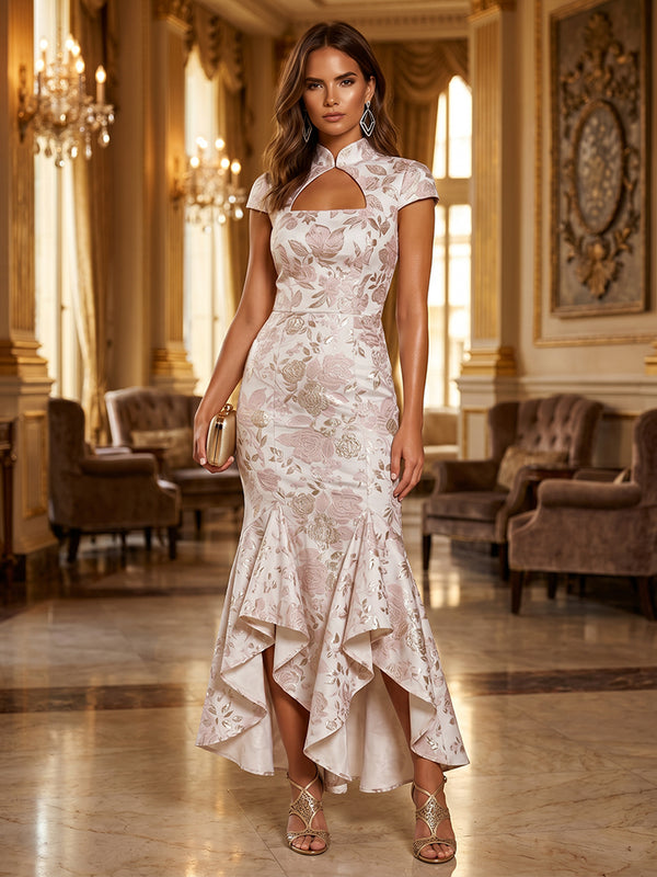 Jacquard High Low High Neck Ruffles Ruched Evening Dresses