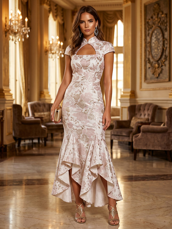 Jacquard High Low High Neck Ruffles Ruched Evening Dresses