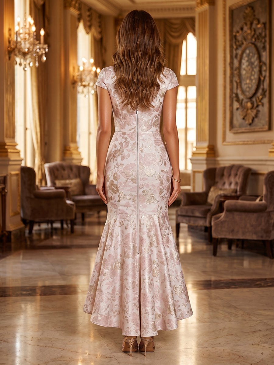Jacquard High Low High Neck Ruffles Ruched Evening Dresses