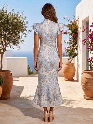 Jacquard Mermaid High Neck Ruched elegent Evening Dresses