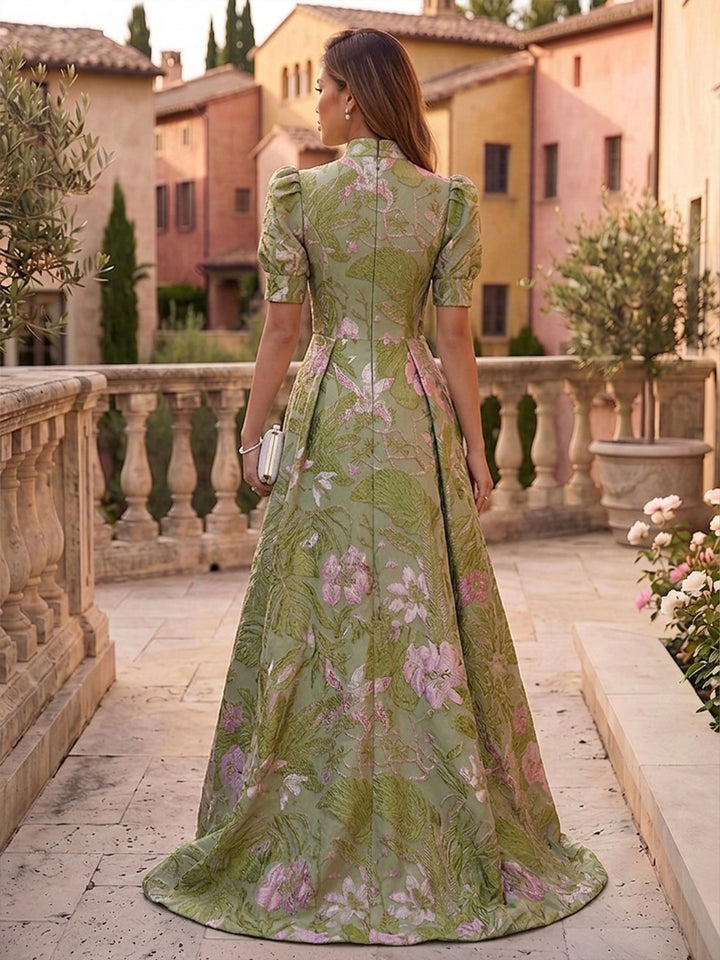 Jacquard High Low High Neck Ruched elegent Evening Dresses for Women