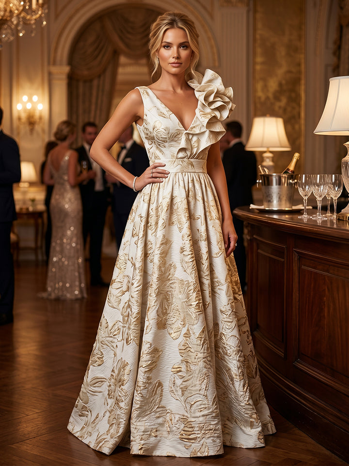 Jacquard A Line V Neck Ruffles Ruched Evening Dresses
