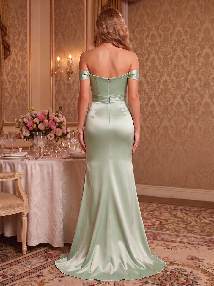 Satin Mermaid Strapless Side Slit Ruched Evening Dresses