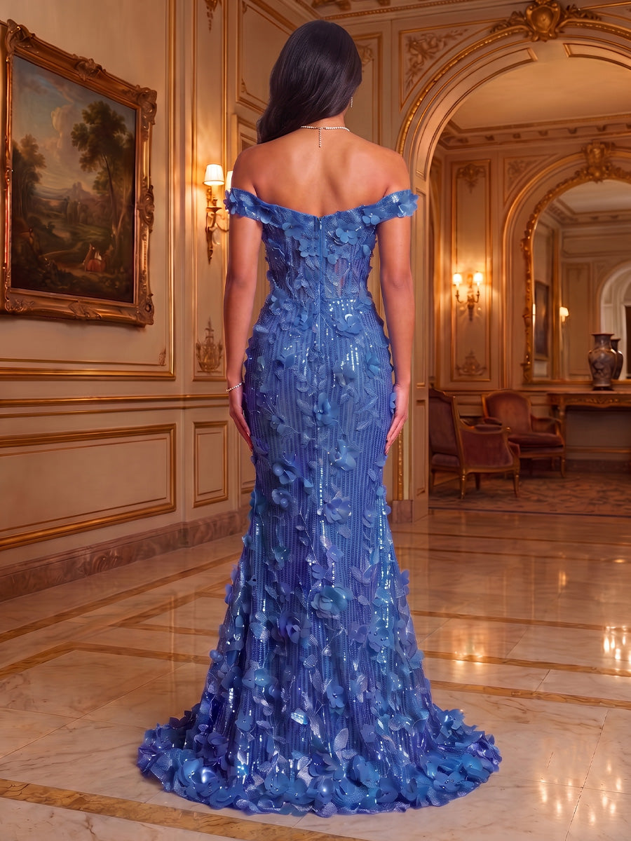 3D Flower Appliques Mermaid Off the Shoulder Sequin Ruched Evening Dresses