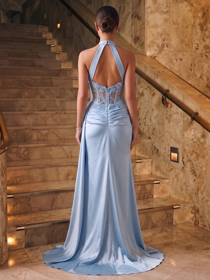 Satin Mermaid Halter Sequin Floral Ruched Evening Dresses