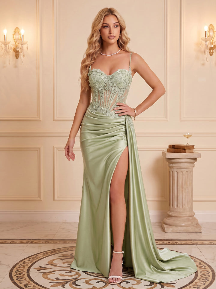 Satin Mermaid Spaghetti Straps Sequin Floral Ruched Evening Dresses