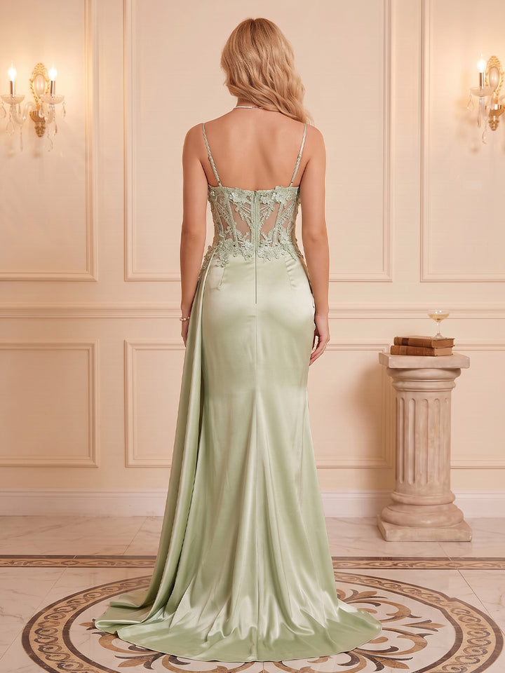 Satin Mermaid Spaghetti Straps Sequin Floral Ruched Evening Dresses