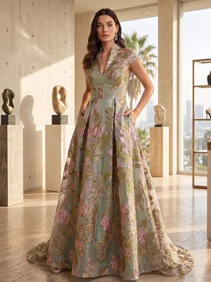 Jacquard A Line V Neck Ruched elegent Evening Dresses for Women